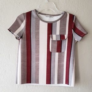 ZARA COLLECTION BURGUNDY WHITE AND GREY SCUBA FABRIC STRIPED TEE..SIZE S